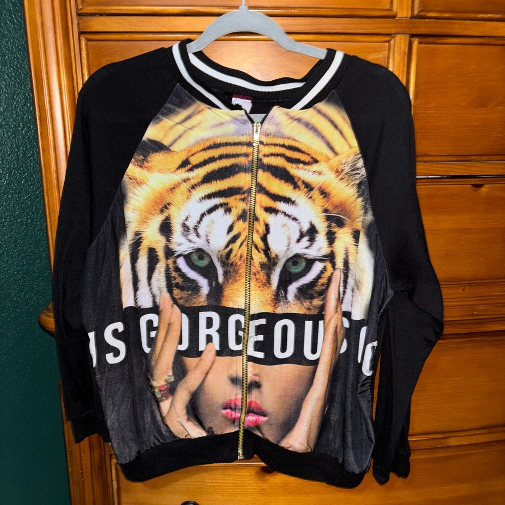 Black Tiger Print Zip-Up Jacket